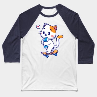 Cute Cat Holding Fish On Skateboard Cartoon Baseball T-Shirt